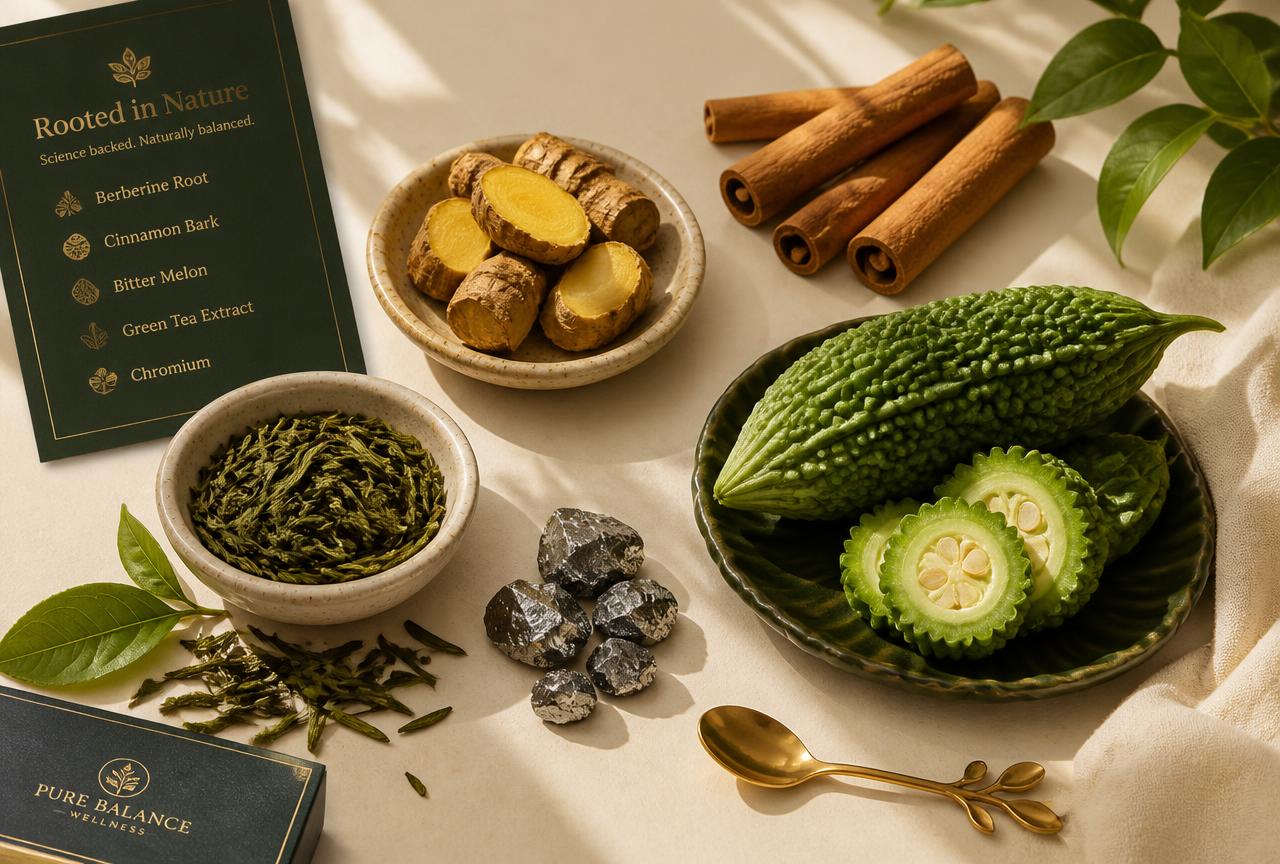 Ingrédients naturels de Glucagora : berbérine, cannelle, melon amer, thé vert et chrome